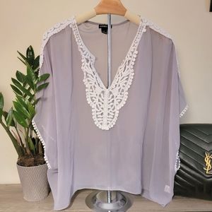 Grey V-Neck Blouse with White Lace